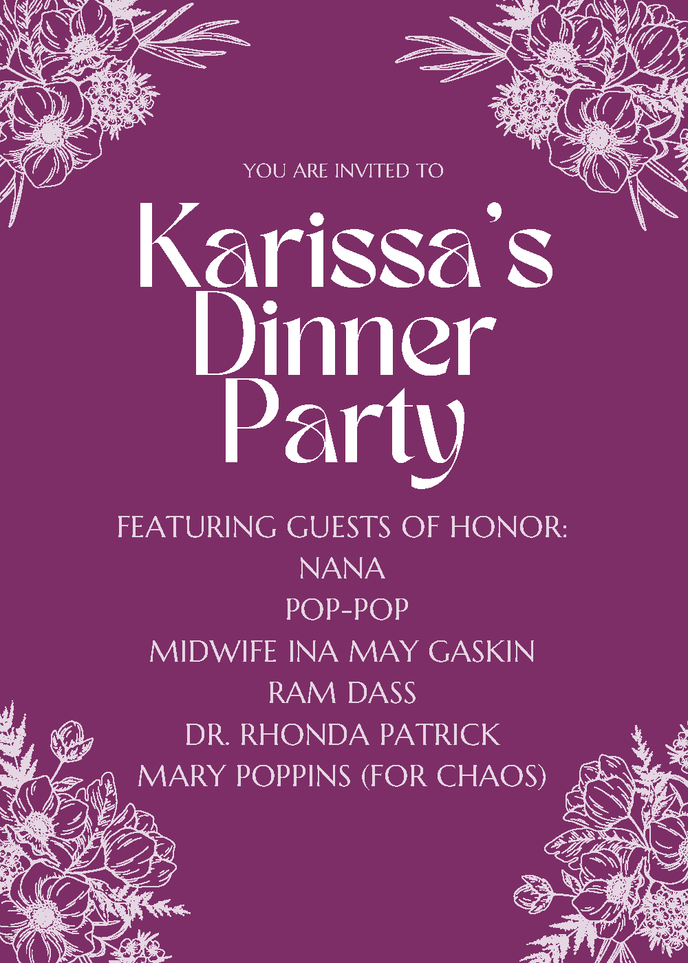 Karissa's dinner party guest list